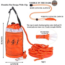 Wowangce Water Rescue Throw Bag with 70 ft x 3/10 Inch Rope and 2 Emergency Whistles with Lanyard Emergency Rescue Rope Rated to 1844lbs for Kayaking Boating Fishing Rafting, High Visibility