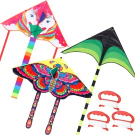 Simgoing 3 Pcs Butterfly Kite for Kids Ages 4-8 and 8-12 Unicorn Butterfly Delta Kite Bulk with Long Tail Easy to Fly Beginners Kite with 3 Pcs 100ft Kite String Beach Kites for Outdoor Activities