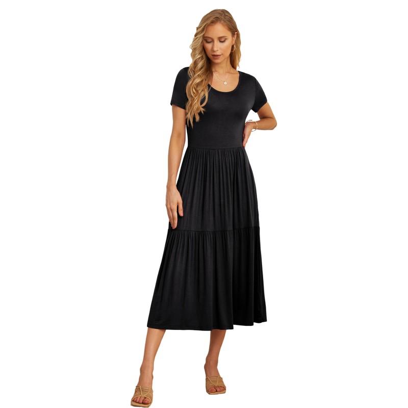 GRECERELLE Women's Summer Casual Short Sleeve Crewneck Tiered Flowy Maxi