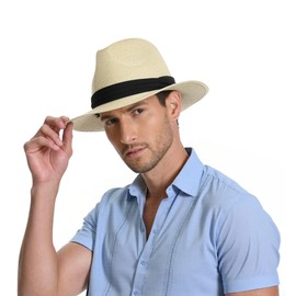 Sun Hat Straw Fedora Hats for Men Women Beach Hat Panama Hat Men Wide Brim Summer Hats UPF80+ Beige