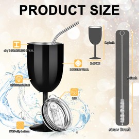 Geiserailie Stemmed Stainless Steel Wine Glasses with Lid Double Wall Insulated Wine Tumbler with Drinking Straw and Straw Brush 10 oz Cups for Summer Gifts(Black,3 Pieces)