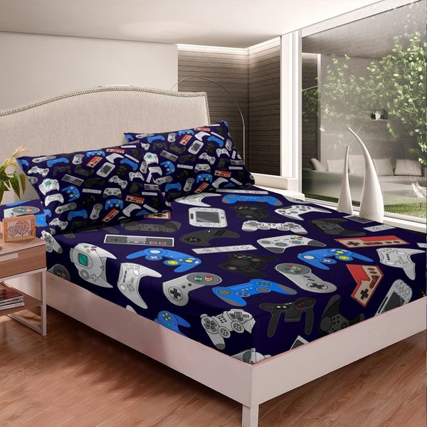 Erosebridal Gamer Fitted Sheet Full Size Gaming Bed Set Boys Gamepad Bed Cover for Kids Teens Juvenile Retro Video Games Bedding Set for Living Room Dorm Decorative, Blue (No Flat Sheet)