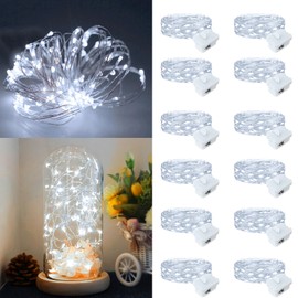 Yooumoga Fairy Lights,Silver Wire String Lights Waterproof,Battery Operated 7FT 20LED Firefly Starry Moon Lights for DIY Christmas Wedding Party Bedroom Decor (White, 12 Pack)