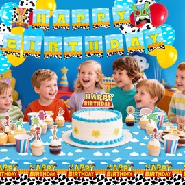43Pcs Birthday Party Decorations Set Include Banner, Caketopper, Tablecloth, 16 Balloons, 24 Cupcake Toppers for Cartoon Themed Party Decor, Supplies