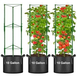3 Pack Tomato Cage with 10 Gallon Grow Bags, 48" Height Adjustable Tomato Trellis with 65Ft Twist Tie, Heavy Duty Tomato Cages for Garden Flowers Vegetables Climbing Plants