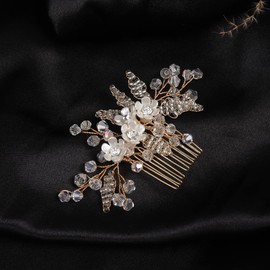 Jumwrit Gold Bridal Hair Comb Wedding Rhinestone Hair Comb Handmade White Flower Hair Comb Headpiece Bride Hair Accessories for Wedding Women Bridesmaid（Gold）