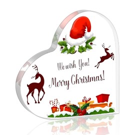 Christmas Decorations Heart Shaped Acrylic Plaque Decor With Jumping Elk And Santa Hat Farmhouse Christmas Sign Festive Tabletop Display for Office Classroom Desk Bookshelf Nightstand, 4 x 4 Inch
