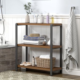 FOLUBAN Small Bookshelf and Bookcase, 3 Tier Low Short Book Shelf, Industrial Metal and Wood Book Case for Living Room Bedroom, Rustic Walnut