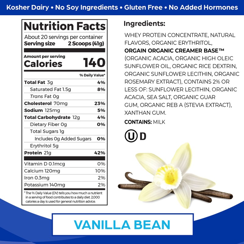 Orgain Whey Protein Powder, Vanilla Bean- 21g Grass Fed Dairy