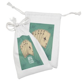 Lunarable Vintage Fabric Pouch Set of 2, Retro Casino Poster Print Royal Flush Game Cards Lucky Joker Hobby Image, Small Drawstring Bag for Toiletries Masks and Favors, 9" x 6", Sea Green Beige