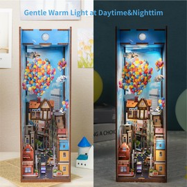 Tonecheer DIY Book Nook Kit for Adults,3D Wooden Puzzle Bookend Bookshelf Insert Library Decor, Booknook Miniature House Kit with Body Motion Sensor LED Light (Travel with The Wind)