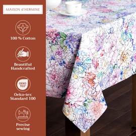 Maison d'Hermine Tablecloth, 160 cm x 220 cm, 100% Cotton, Decorative, Washable, Square Table Top Tablecloths for Mother's Day Gifts, Weddings, Restaurants, Floral Love - Spring/Summer