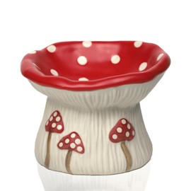 Ceramic Cat Bowl, Cute Red Mushroom Elevated Cat Food Dish, Shallow Raised Feeder, Anti Vomiting, Stress Free, Whisker Fatigue