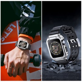[MioHHR] Compatible with Apple WatchBand 44mm 45mm with Bumper Case for Men Stainless Steel Metal Rugged Protective Cover for iWatch Series 7 6 SE 5 4 with TPU Band