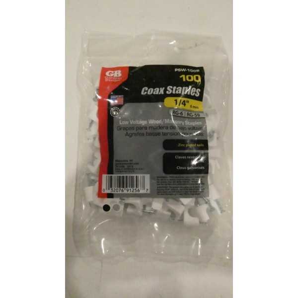 Gardner Bender 1/4" / 6mm Coax Staples 100pc, PSW-100B