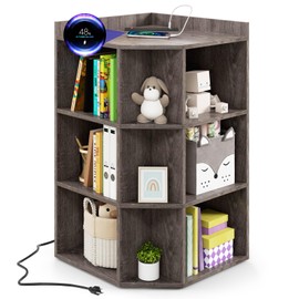 Costzon Kids Corner Cabinet with Charging Station, Wooden Cubby Bookcase with USB Ports and Outlets, 3-Tier Kids Bookshelf, 9-Cube Toy Storage Organizer for Playroom, Bedroom, Living Room (Grey)