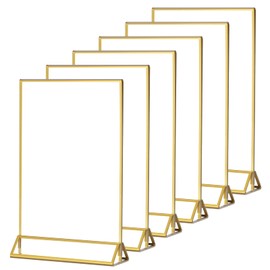 HESIN 6 Pack Acrylic Gold Sign Holders Clear Picture Frames with Gold Borders Double Sided Table Menu Number Display Rack for Wedding , Photo, or Any Literature (5x7 inch)