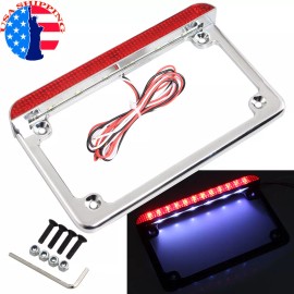 Trichtu Mount Motorcycle Chrome License Plate Frame Holder Red LED Lamp Tail Light Universal