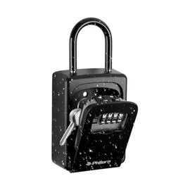 Philorn Key Lock Box with Shackle Portable Key Safe with Number Code Outside Resettable Code Weatherproof Hanging & Wall Mount Top Security Ultra Robust 4-Digit Key Box, black