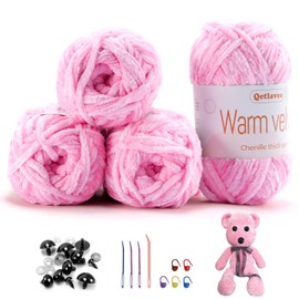 Qetlavee 4 x 100 g (4 x 80 m) Chenille Wolle Samtig Baby Wolle, Flauschige Weiche Chenille Garn Dicke Wolle zum Häkeln, mit Viele Zubehör, für Decken, Schals, Taschen, Puppen (Babyrosa)