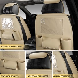 AOOG Leather Car Seat Covers with Car Backseat Organizer, Universal Automotive Vehicle Seat Cover for Most Sedan SUV Pick-up Truck, Full Set, Beige