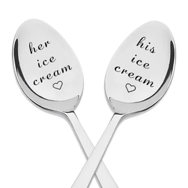 His and Hers Ice Cream Spoons Set of 2 Boyfriend Girlfriend Birthday Valentines Gifts for Husband Wife Engraved Spoon for Couples Anniversary Christmas Presents for Him Her