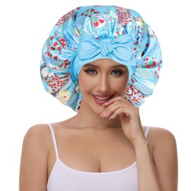 Vettres Hair Bonnet for Sleeping Satin Lined Sleep Cap Double Layer Silk Head Wrap for Curly Natural Hair Strawberries Blue Plaid