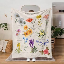 Lifeel Floral Fleece Throw Blanket, Wildflowers Nap Blankets with Word Beige White Vintage Sofa Bed Couch Chair or Dorm Throws 40×50 inches