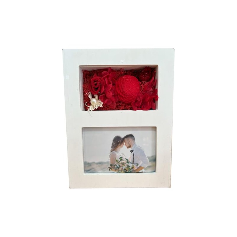 Q-FLA 813443 Arrangement Photo Frame, Preserved Flowers, White, Red, Mother's
