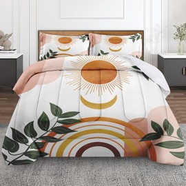 Culudea Boho Mid Century Comforter Set Twin Size, Sun Moon Leaves OrangeSoft Bedding Set with Pillowcases for Girls Teens Kids Boys Adults Bedroom Bed Decor,1 Quilt 1 Pillow Case
