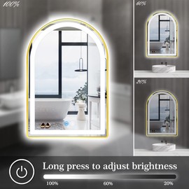 TiliKuly 20 x 30 Inch Gold Framed Arch LED Mirror for Bathroom Salon Wall Table Arch Makeup Vanity Mirror with Lights Gold Frame Smart Memory 3 Color Dimmable AntiFog 30 Golden Arched Lighted Mirror