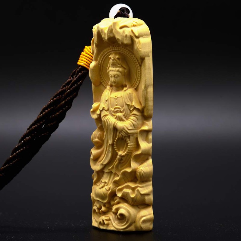 Asuniko Kwan-yin Bodhisattva Wood Carving, Tsuge Plant, Boxwood, Buddha Statue,