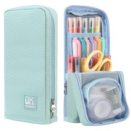 Housolution Housolution Standing Pencil Case Large Capacity Pen Bag, Multi-Layer Pen Pouch Pencil Holder Stationery Organizer, Polyester Pencil Bag Storage Box Desk Organizer, Light Blue