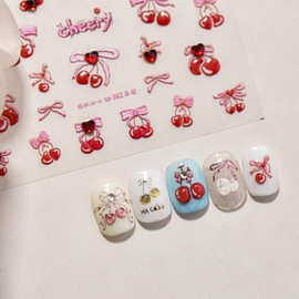UEYRSEDB Red Cherry Nail Stickers Pink Bow Nail Art Stickers Self-Adhesive Heart Rhinestone Charms Nails Decals Cute Summer Red Cherry Nails Design Summer Pink Bow Supplies for Women Manicure DIY