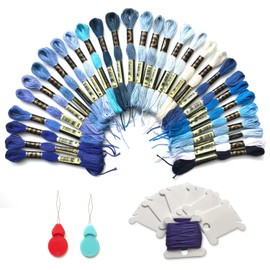 BIKHYY 30 Skeins Friendship Bracelets Floss Embroidery Cotton Floss Cross Stitch Threads Embroidery Strings for DIY Art Craft, with 10 Floss Bobbins, 2 Embroidery Needles (Blue)