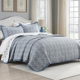 PANGUSHAN Quilt Set King Size - 100% Cotton King Comforter Set, Floral Botanical Bedspread with 2 Pillow Shams, Lightweight Bedding, King Bed Spread for All Season, Dusty Blue/White
