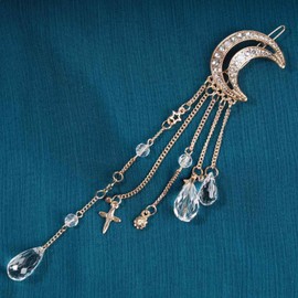 Xduargs Boho Rhinestone Moon Hair Clip Crystal Tassel Hair Barrette Hollow Crescent Hair Clip Rhinestone Cz Beads Dangle Hairpin Clip for Women Hair Accessory Headdress（Gold）