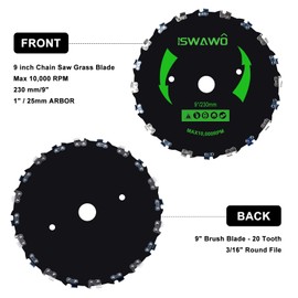 ISWAWO 2-Set 9” x 20T Chainsaw Tooth Brush Cutter Blades, Universal Weed Eater Head Carbon Steel Saw Blade with Adapter Kits, Assorted Round Files & Washers & String Trimmers & Weed Wreckers