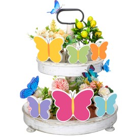 6 Pieces Spring Butterfly Wooden Signs 3D Colorful Butterfly Wooden Blocks Spring Tiered Tray Decor Farmhouse Rustic Wooden Sign Table Decor for Spring Home Kitchen Shelf Decorations