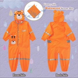 Vckrio Puddle Suit Boys Waterproof Mud Suit Orange Rain Jumpsuit Lightweight All in One Quick Dry Suit One Piece Rain Coat Overall with Tiger Print Breathable Reusable Rainwear for Kids 6-7 Years