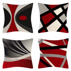 QIUKUN Throw Pillow Covers 18x18 inch Set of 4 Modern Abstract Red and Black Pattern Decorative Pillow Cases Bold Stripes Home Decor Square Geometric Pillows Case for Sofa Couch Bed (Red and Black)
