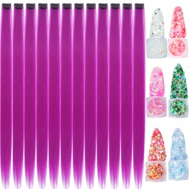 Colored Hair Extensions, 22 Inch Straight Clip in Hair Extension Body Face Hair Glitter Multi Color Rainbow Pink Red Hairpiece Extensions for Kids Girls Women (Glitter+Grape Purple)