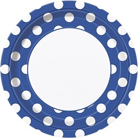 Royal Blue Polka Dot Round Disposable Paper Dinner Plates - 9'' (8 Pieces) - Perfect for Parties, Weddings, Holidays & More