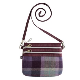 Earth Squared Tweed Mini Crossbody Pouch – Tartan Purse Bag with 3 Zipped Compartments – 18.5 x 16 x 1 cm (Purple)