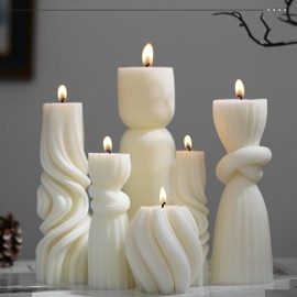 Threlaco 6 Pcs Ribbed Pillar Candles Modern Aesthetic Ribbed Decorative Candle Set Cute Soy Wax Scented Decor for Home(Milky White)