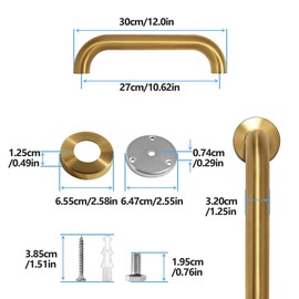 Rackickyer Shower Grab Bar, 2 Pack 12 Inch Gold Bathroom Safety Bar, 1.25" Diameter 304 Stainless Steel Grab Bars for Bathtubs and Showers, Handicap Shower Grab Bar for Seniors Elderly