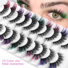 Colored Eye Lashes, 10 Pairs Russian Strip Mink Eyelashes with Color on End, Mix Wispy Dramatic Faux Cat Fox Mink Fake Lash Extensions Fluffy Long Thick False 3d D Curl Salon Eyelashes Reusable