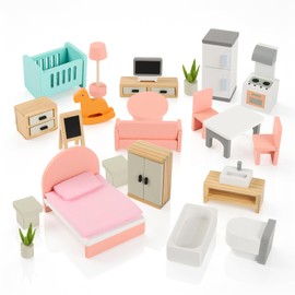 Wooden Dollhouse Furniture Set，Miniature Doll Furniture Accessories with 5 Rooms,for Kitchen, Living Room, Bedroom, Bathroom, Babyroom,Pretend Play Furniture for Toddlers 3 4 5 6 Years Old