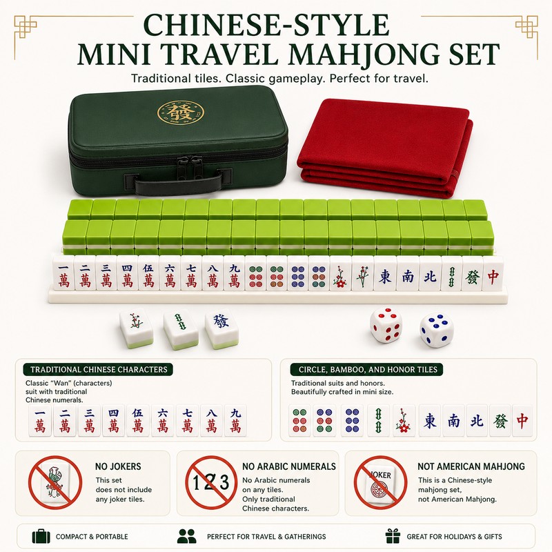 144-Piece Mini Chinese Mahjong Travel Set with Playing Mat &
