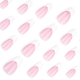 24 Pcs Spring Pink Press on Nails Short Almond,YEFIUO White French Nail Tips Fake Nails Press ons Acrylic Nail Kit Refreshing Glossy Design Nail Art Glue on Nails Full Cover False Nails for Women